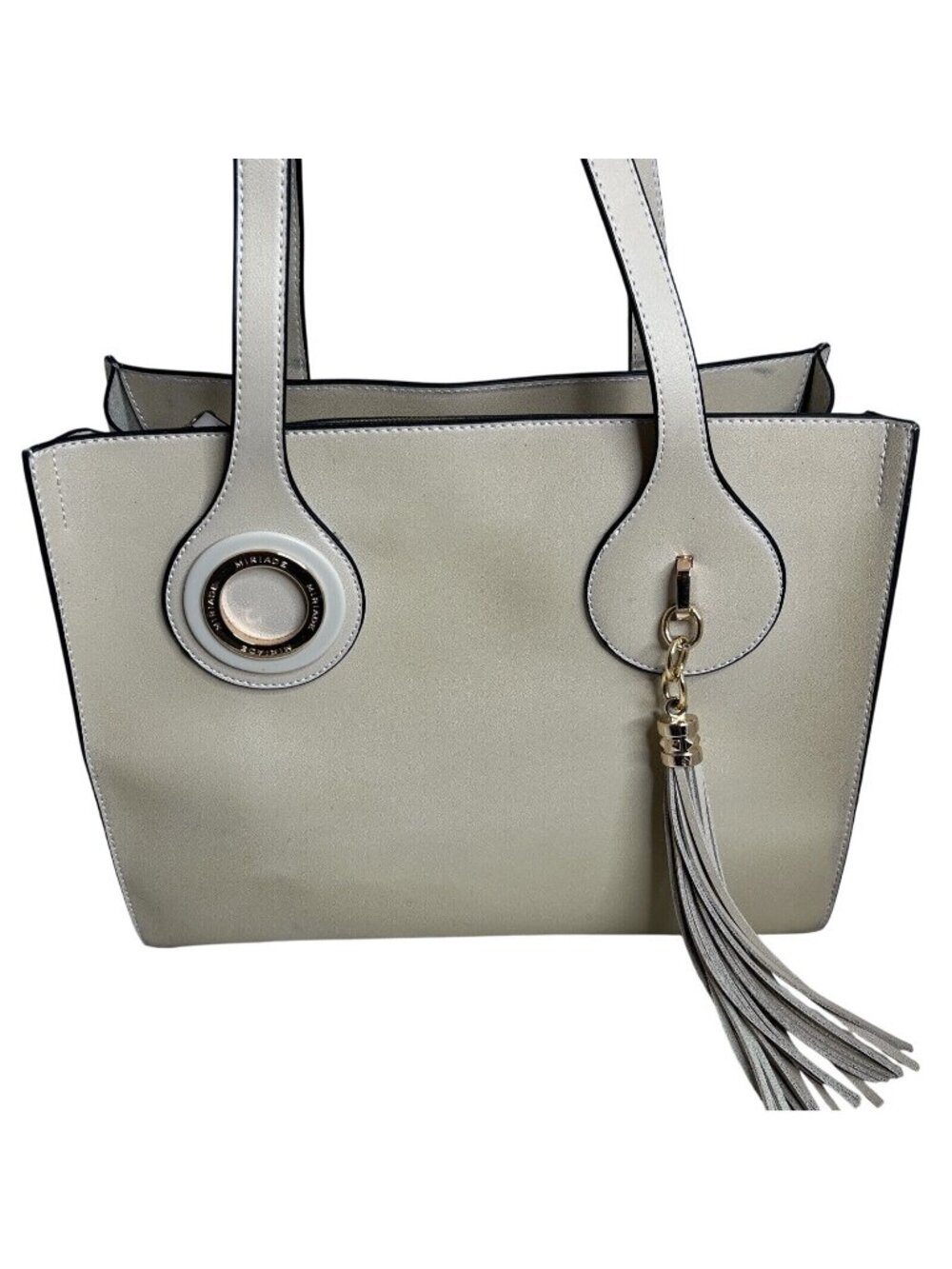 Miriade Cream Leather Tote Bag With Tassel Detail & Gold Hardware